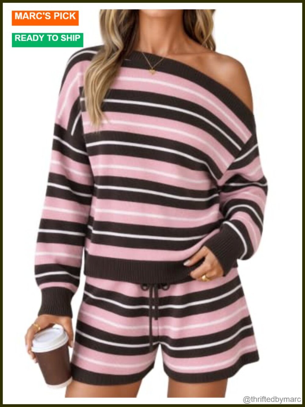 2 Piece Knit Lounge Set Off Shoulder Sweater with Matching Shorts